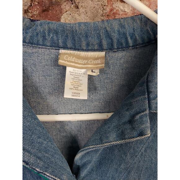 Coldwater Creek Womens Sz L Shirt Jacket Blue Tapestry Embroidered Jean Denim J - Picture 2 of 4
